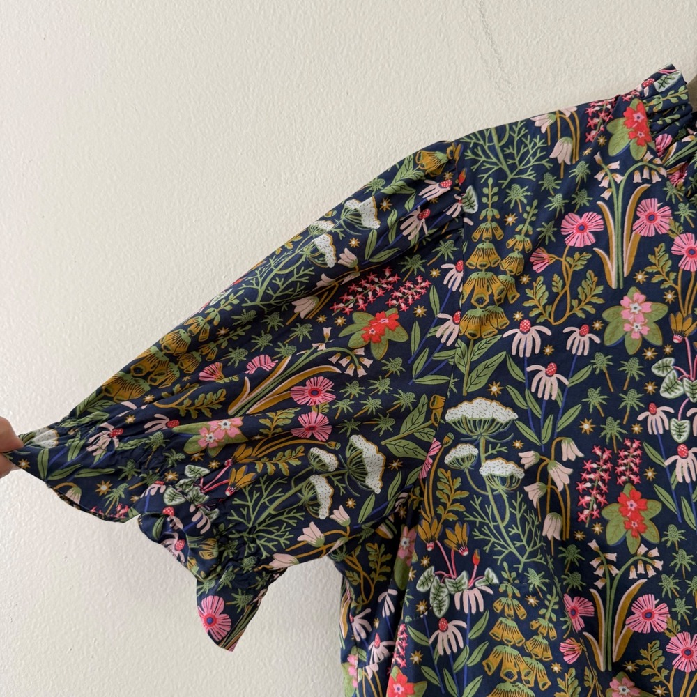 Boden Botanical Floral Tiered Midi Dress Navy Blue Ruffled Puff Sleeve US 14R - Picture 3 of 10